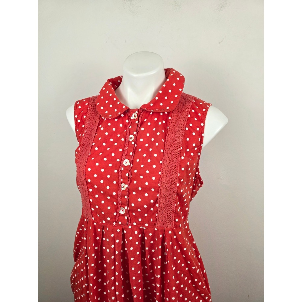 April Cornell Red Polka Dot Cotton Midi Dress XL Sleeveless Lace Trim Pockets - Picture 3 of 9